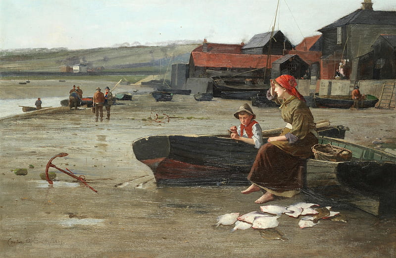 The Day's Catch by Carlton Alfred Smith, carlton alfred smith, mother, art, fish, fisherman, beach, boat, vara, pesti, painting, copil, summer, child, HD wallpaper