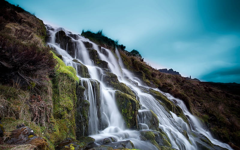 waterfall, rock, stones, beautiful waterfall, Isle of Skye, Scotland, HD wallpaper