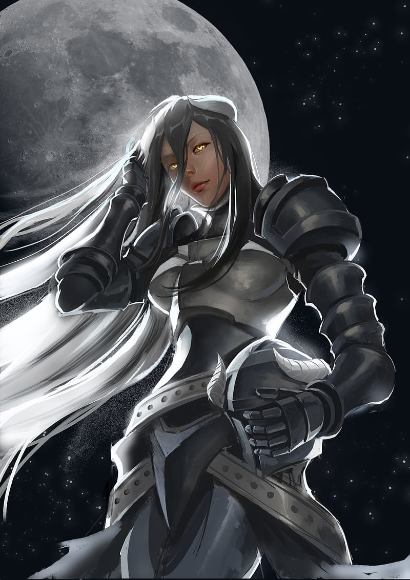 Overlord (anime), female warrior, armored woman, underboob, fantasy armor, succubus, demon girls, monster girl, smiling, hair in face, curvy, hair blowing in the wind, from below, helmet, moonlight, starry night, demon horns, yellow eyes, looking at viewer, Albedo (OverLord), 2D, vertical, black hair, long hair, touching hair, anime, fan art, low-angle, gauntlets, greaves, head tilted, shiny hair, women outdoors, anime girls, figure-hugging armor, HD phone wallpaper