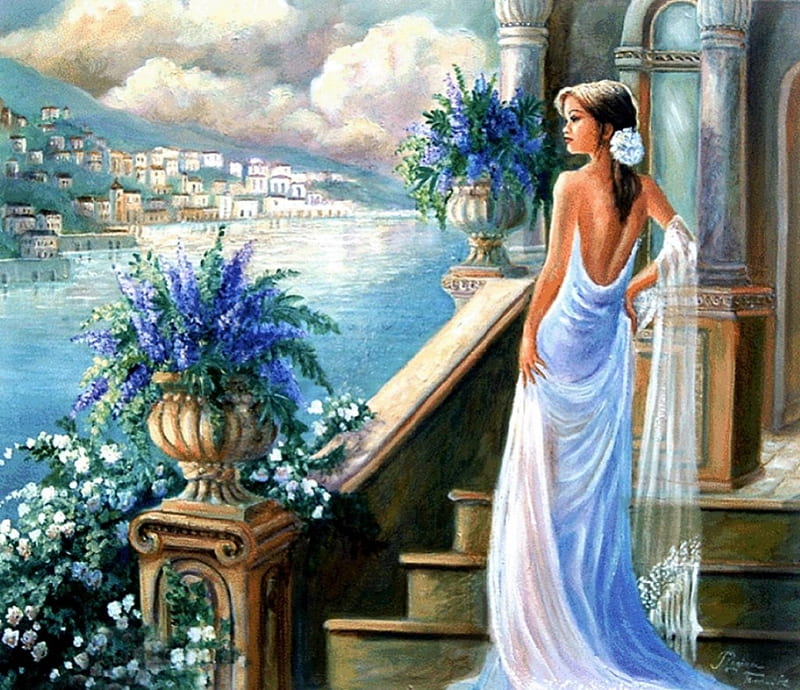 Mediterranean Beauty, houses, stairs, artwork, sea, amalfi, girl, painting, flowers, coast, HD wallpaper