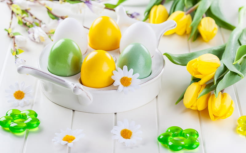 Yellow Easter eggs, bright Easter background, spring, Easter, holiday, painted eggs, HD wallpaper