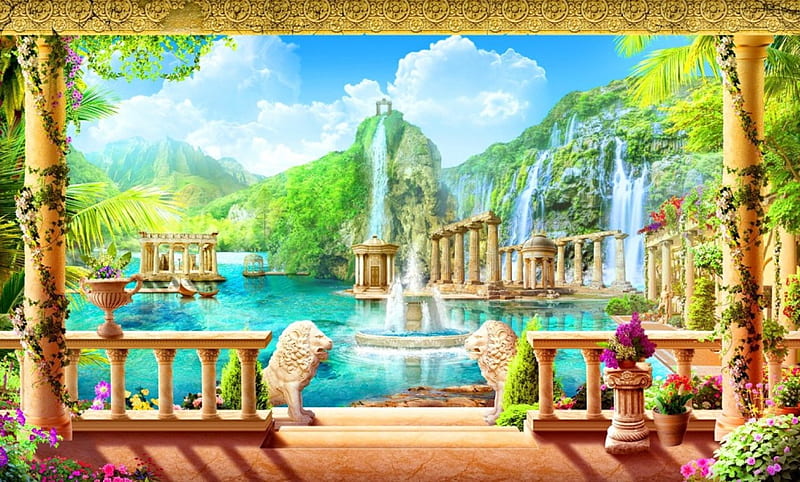 Paradise view, fountain, view, bonito, lake, terrace, mountain, paradise, waterfall, flowers, garden, nature, HD wallpaper