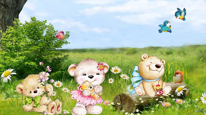 Teddy Bear Picnic, children, spring, sky, clouds, picnic, happy, log, teddy bears, bird, summer, flowers, sunshine, field, HD wallpaper