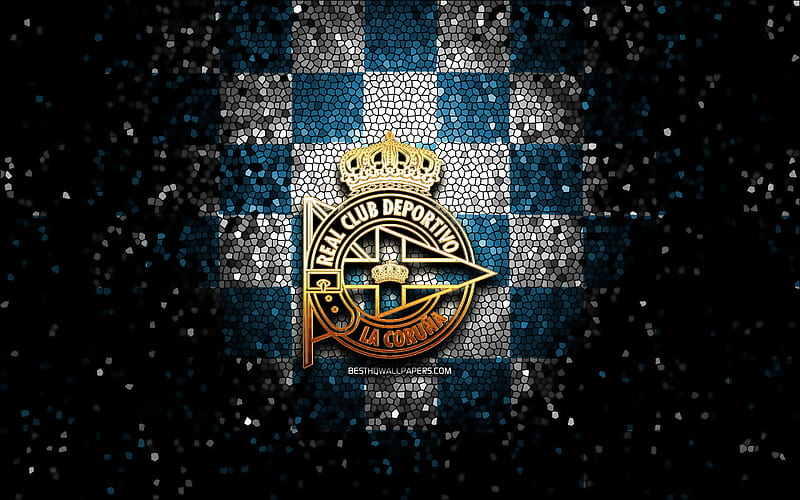 Deportivo La Coruna FC, glitter logo, La Liga 2, blue white checkered background, Segunda, soccer, spanish football club, Deportivo La Coruna logo, mosaic art, football, LaLiga 2, RC Deportivo La Coruna, HD wallpaper