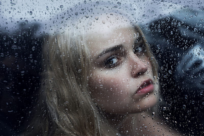 Girl Behind The Glass With Water Drops, graphy, glass, drops, rain, alone, sad, girls, HD wallpaper
