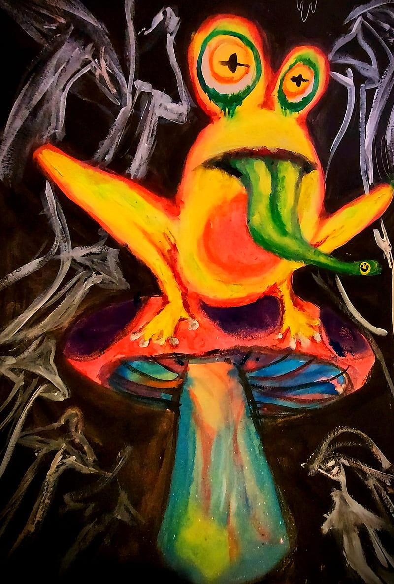 Mushroom frog, acid, frog, funny, mushroom, neon, painting, psicodelia, trippy, HD phone wallpaper