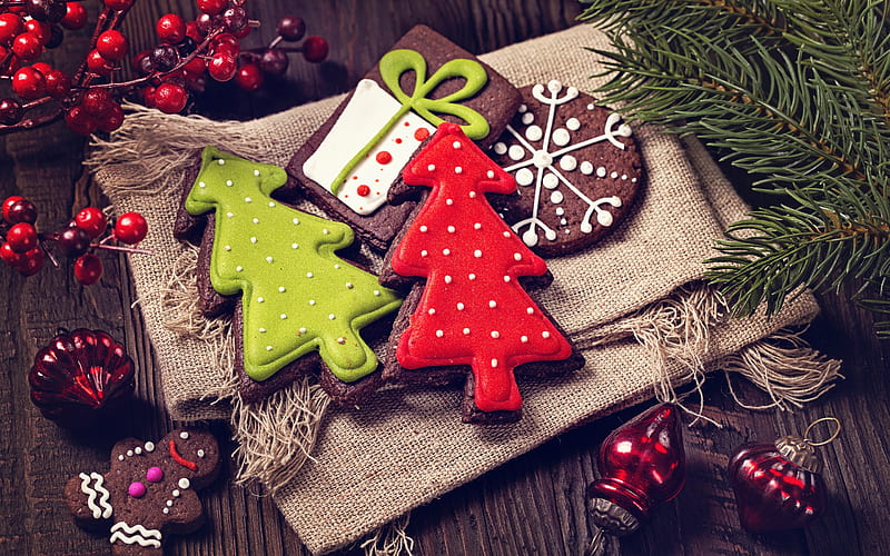 Christmas cookies, New Year, decorations, baking, chocolate cookies, Christmas tree, HD wallpaper