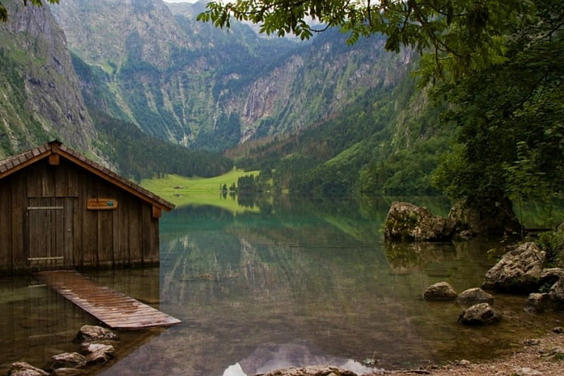 Down in the valley, quiet, lake, boathouse, valley, HD wallpaper
