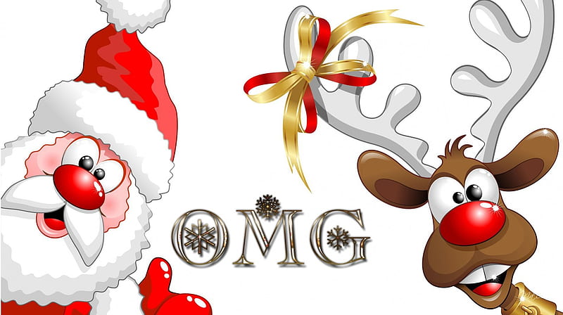 Surprised Santa amd Rudolph, feliz navidad, shock, saint nicholas, christmas, st nick, ribbons, santa claus, cute, whimsical, red nost, reindeer, surprise, rudolph, HD wallpaper