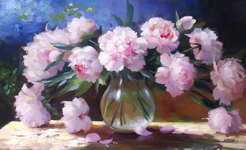 ✿⊱•╮Peonies Noon╭•⊰✿, lovely still life, still life, paintings, draw and paint, flowers, vase, love four seasons, peonies, HD wallpaper