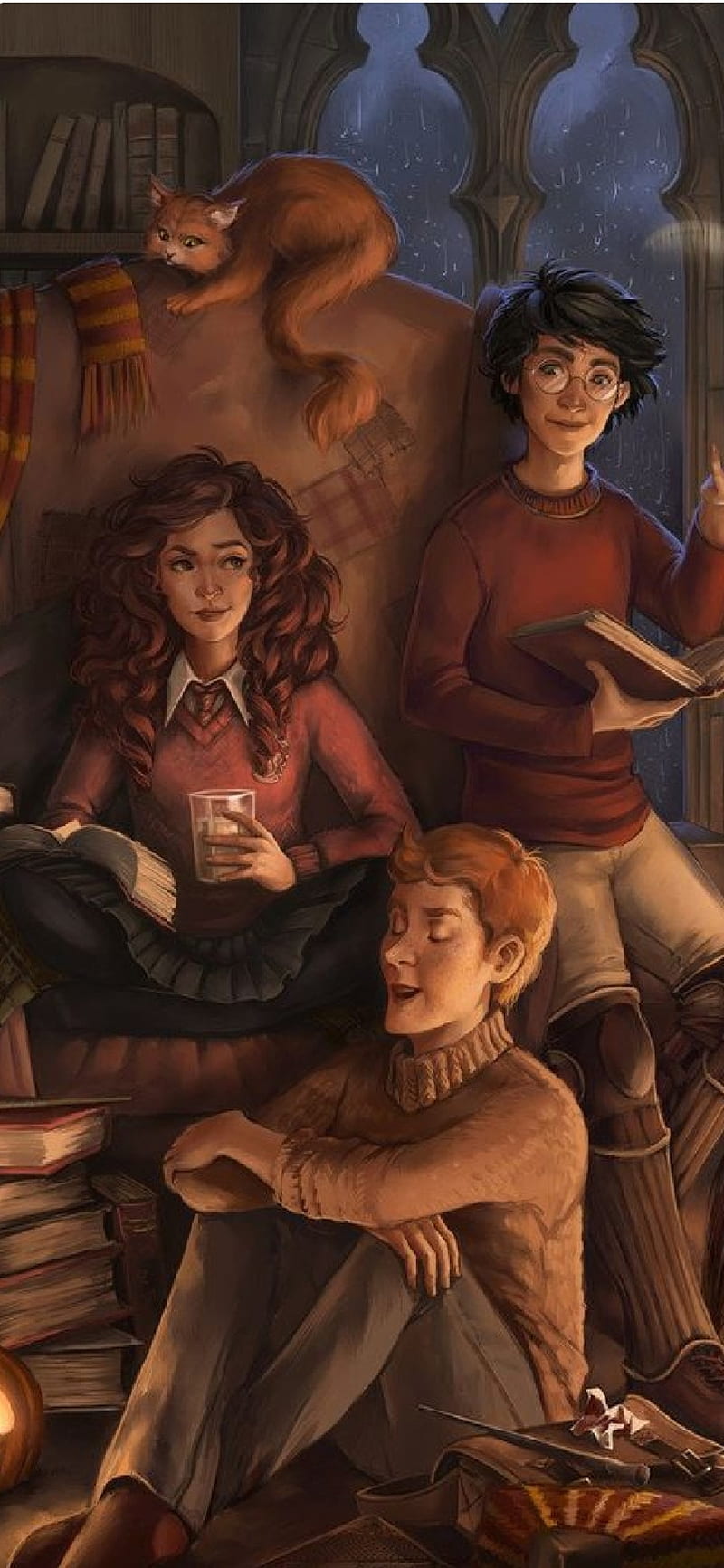 Harry Potter trio , aesthetic, book, calm, cat, chosen one, harry potter, hermione granger, ron weasly, wand, HD phone wallpaper