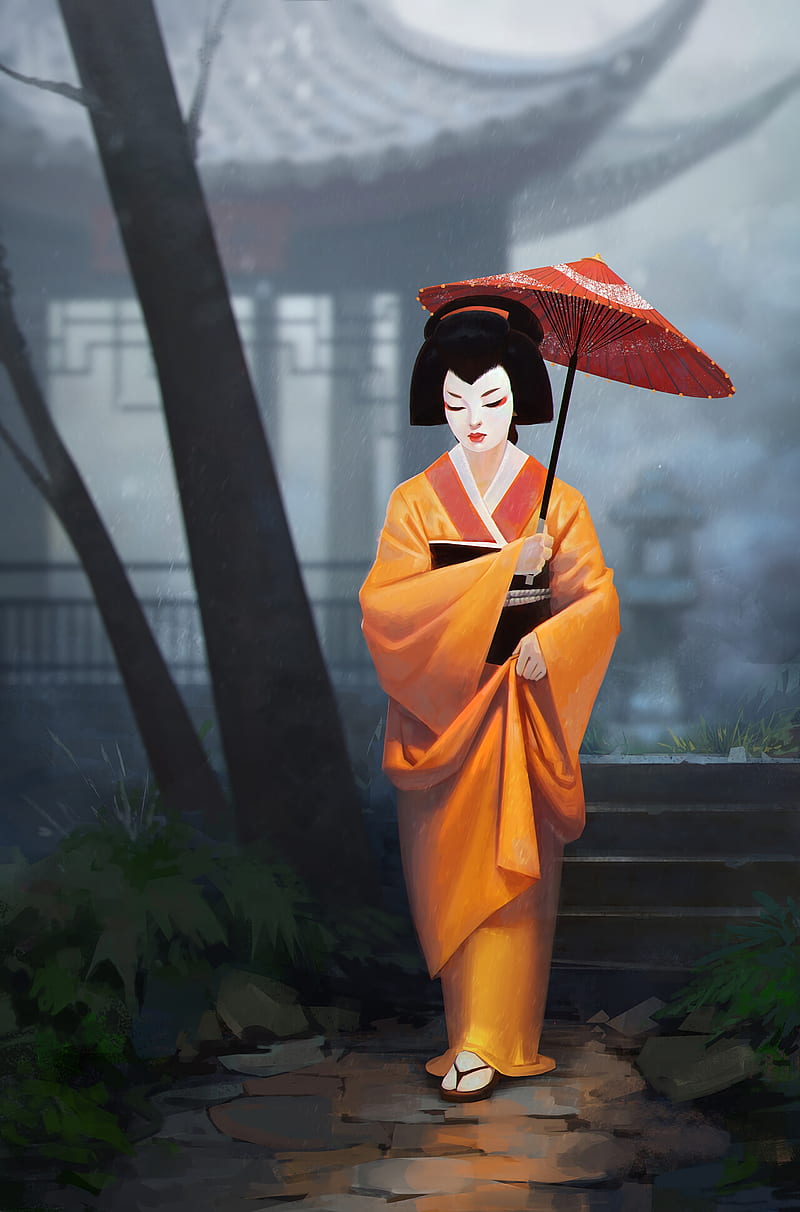 geisha, girl, kimono, umbrella, art, HD phone wallpaper