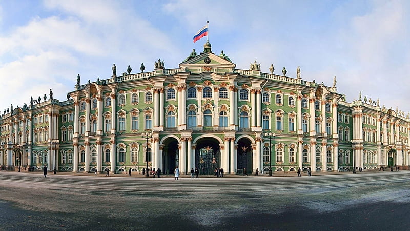 hermitage winter palace in saint petersburg, museum, palace, street, flag, HD wallpaper