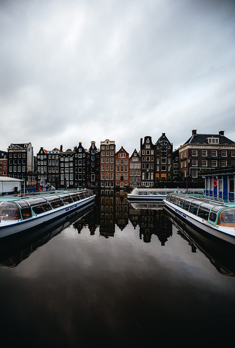 city, buildings, architecture, river, boats, amsterdam, HD phone wallpaper