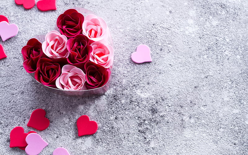 heart of roses, pink roses, red roses, romantic gift of roses, romantic background, February 14, Valentines Day, HD wallpaper