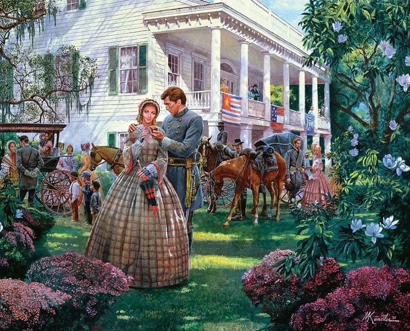 Magnolia Morning, house, soldier, man, horse, woman, artwork, flag, southern States, painting, blossoms, garden, HD wallpaper