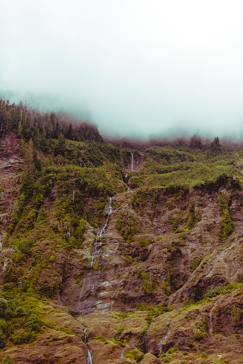 waterfall, mountain, cliff, fog, sky, HD phone wallpaper