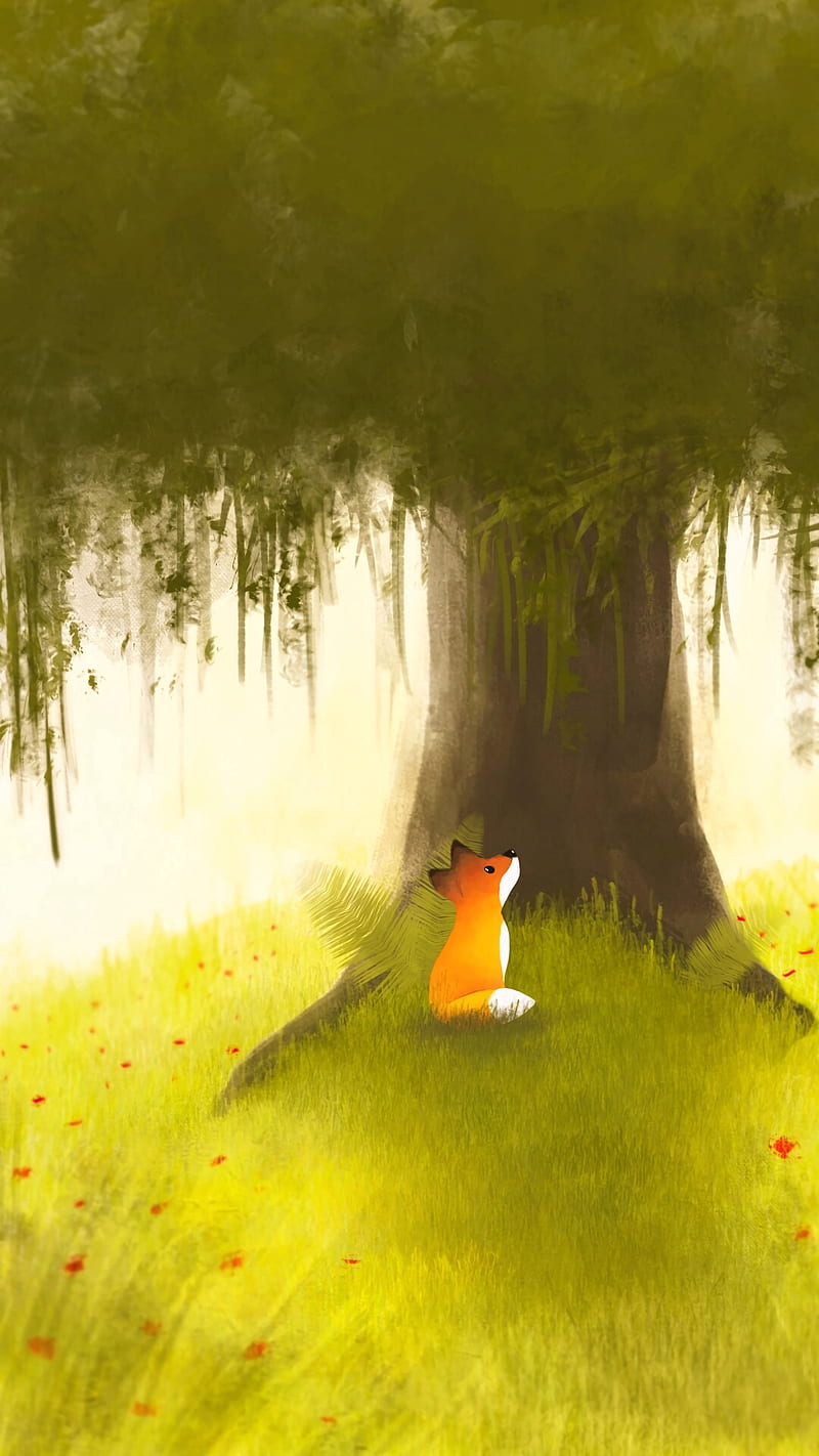fox, tree, art, grass, flowers, HD phone wallpaper