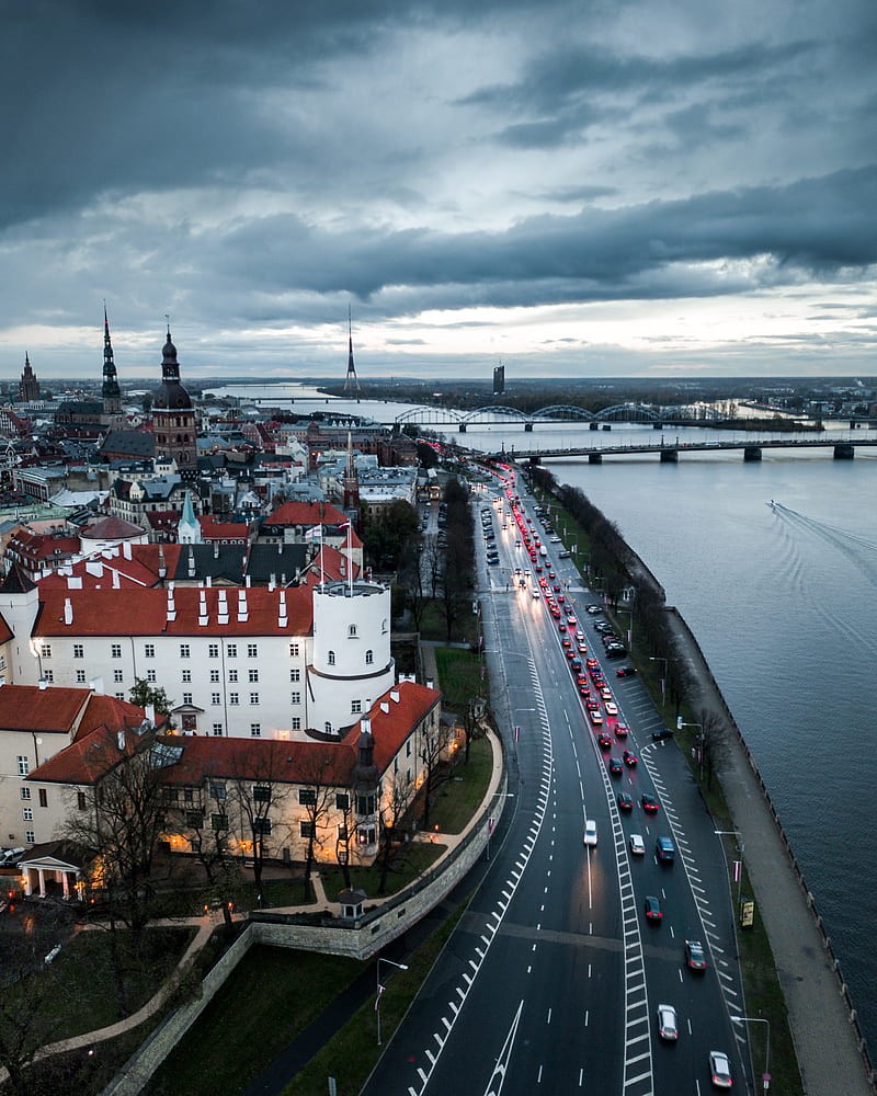 Riga on a Moody Day, Riga, Vithurshan, aerial, city, cityscape, cloudy, daugava, daugava river, drone, eastern europe, europe, faded, latvia, moody, graphy, rainy, river, vithurshan.jpeg, HD phone wallpaper