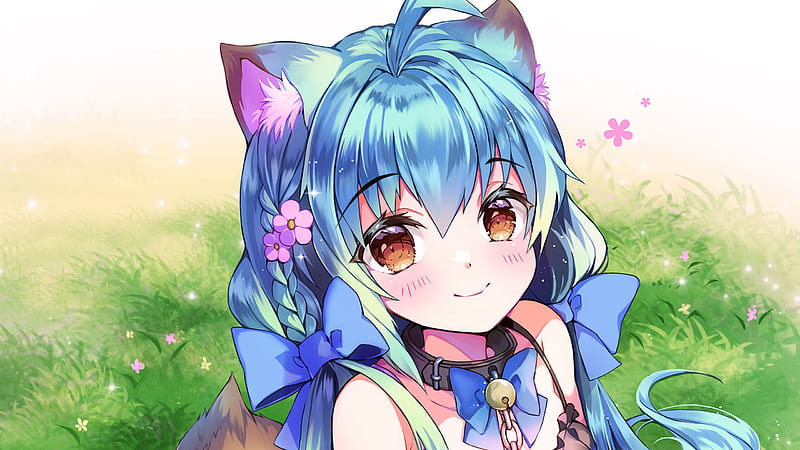 anime girl with blue hair and green eyes