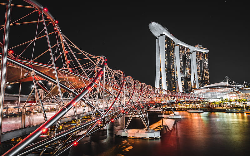 Singapore, Helix Bridge, Marina Bay Sands, pedestrian bridge, night, landmark, Singapore cityscape, Asia, HD wallpaper