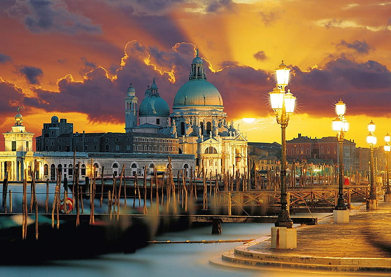Basilica Santa Maria della Salute, Venice, lights, italy, evening, sunset, clouds, church, sky, HD wallpaper