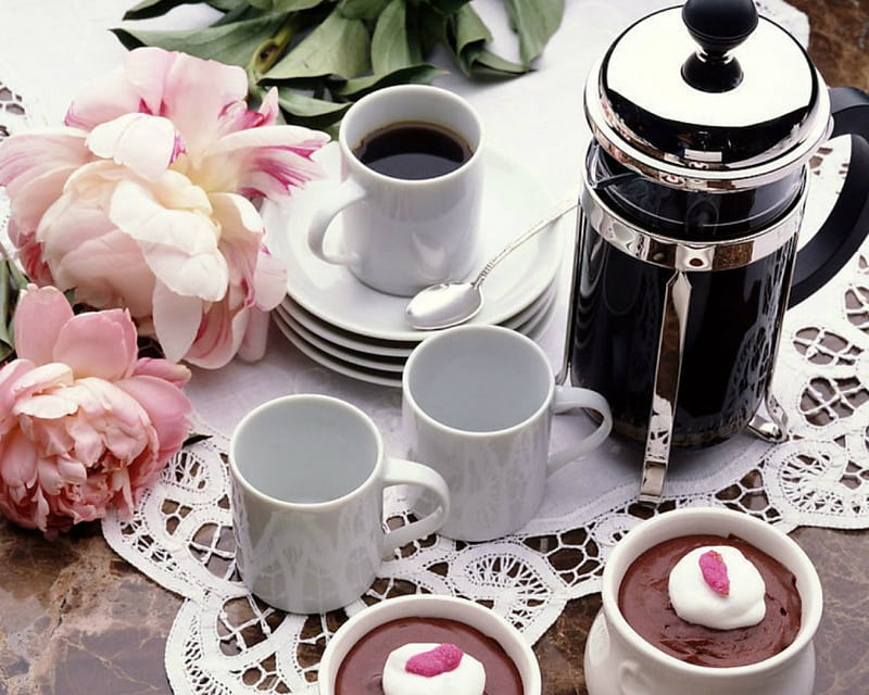 Coffee Break, drink, flowers, coffee, cups, HD wallpaper