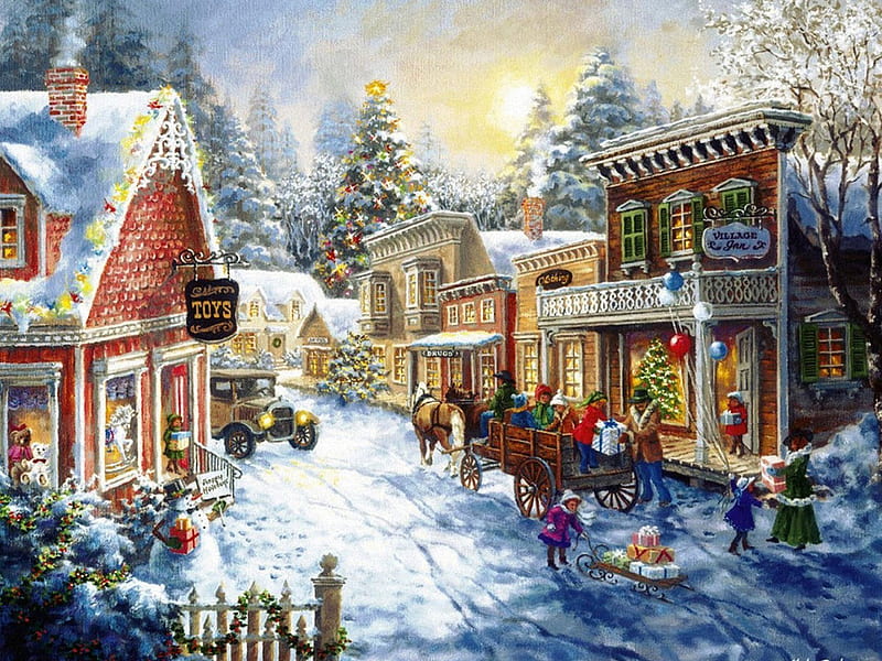 Christmas village, village, christmas, snow, winter, HD wallpaper