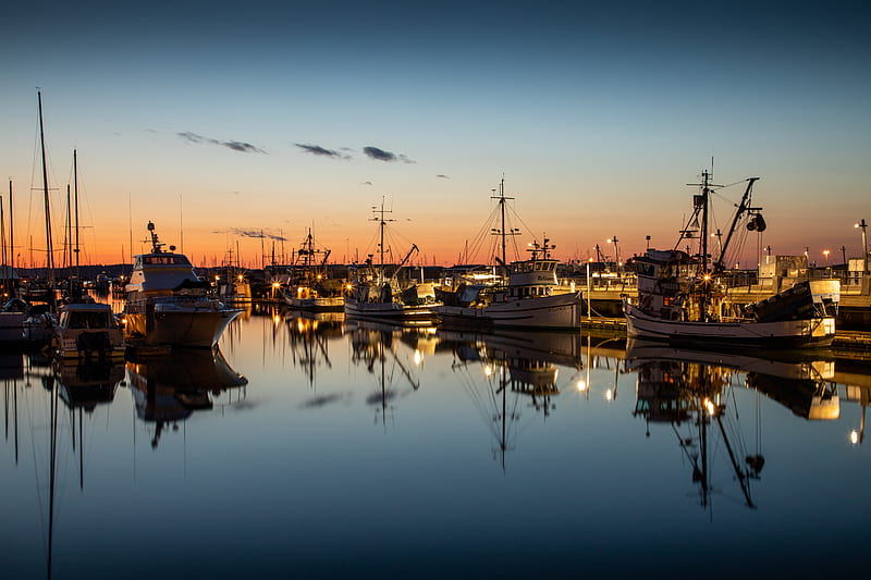 port, boats, dusk, evening, HD wallpaper