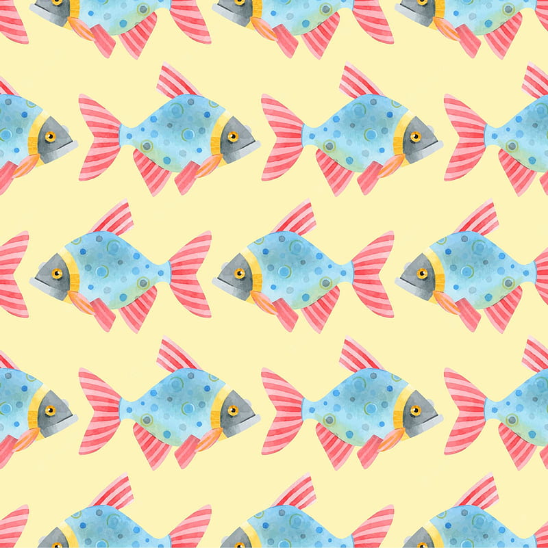 Premium Vector. Watercolor seamless pattern of fish cute funny carp fish karps crucians hand drawn texture of an ornament on a yellow background ideal for textiles packaging websites cards, Cute Cartoon Fish, HD phone wallpaper