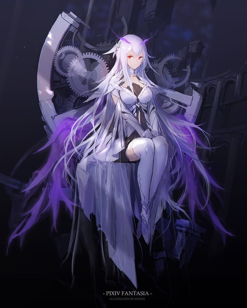 anime girl with silver hair and white eyes