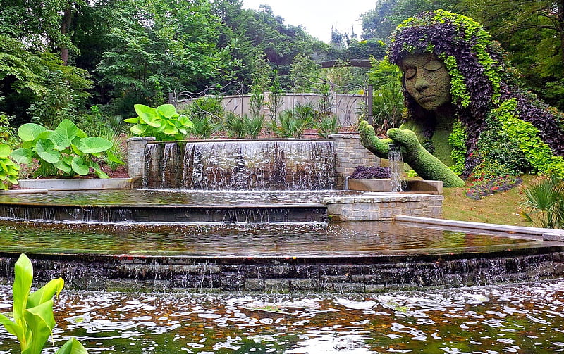Earth Goddess, USA, Waterfall, Gardens, Sculpture, HD wallpaper