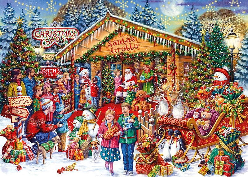 Santa’s Grotto, santa, presents, grotto, reindeer, trees, snowman, sleigh, Christmas, lights, moon, HD wallpaper