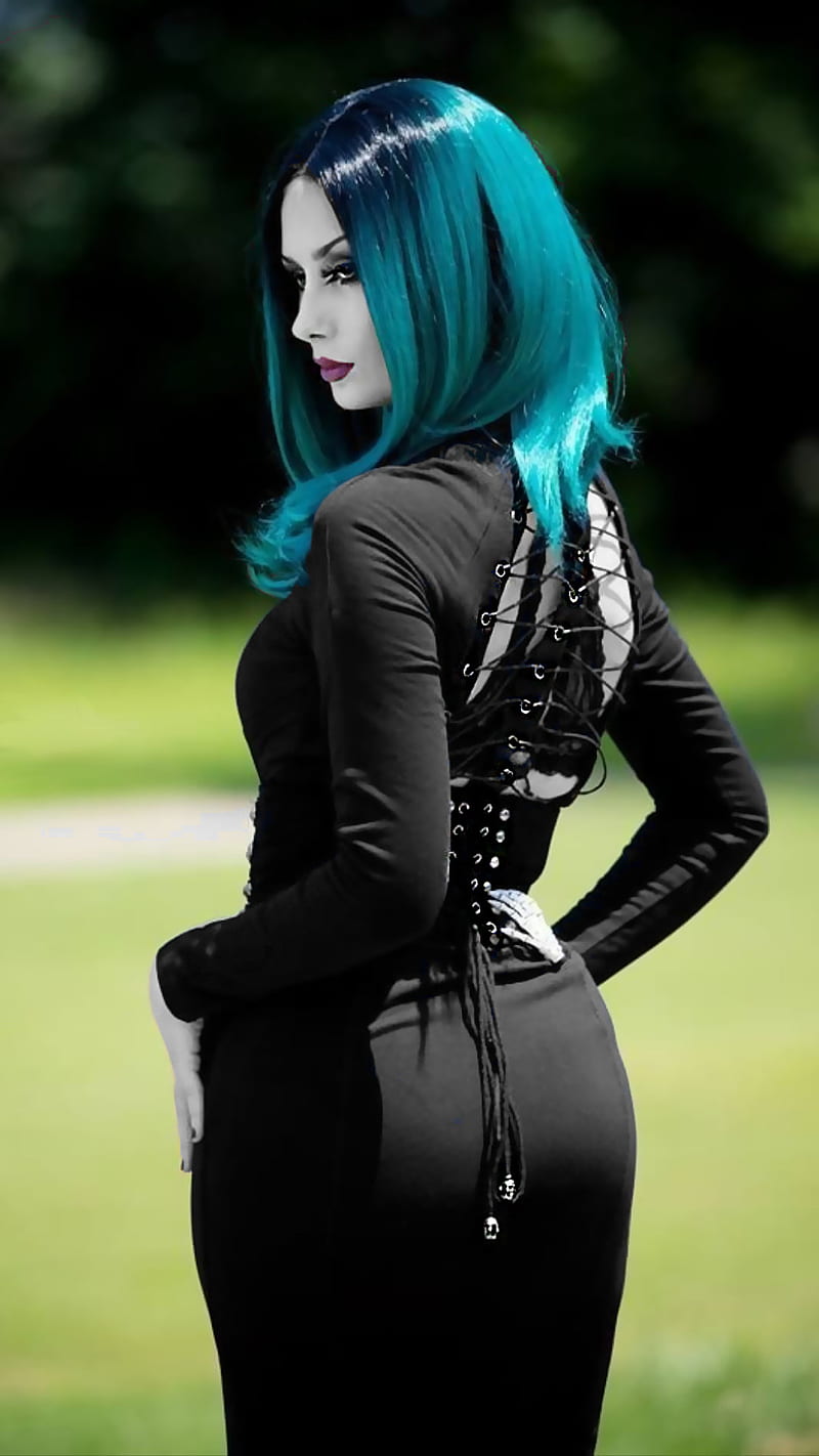 B and W, back, black and white, black dress, blue hair, cosplay, green, pretty woman, HD phone wallpaper