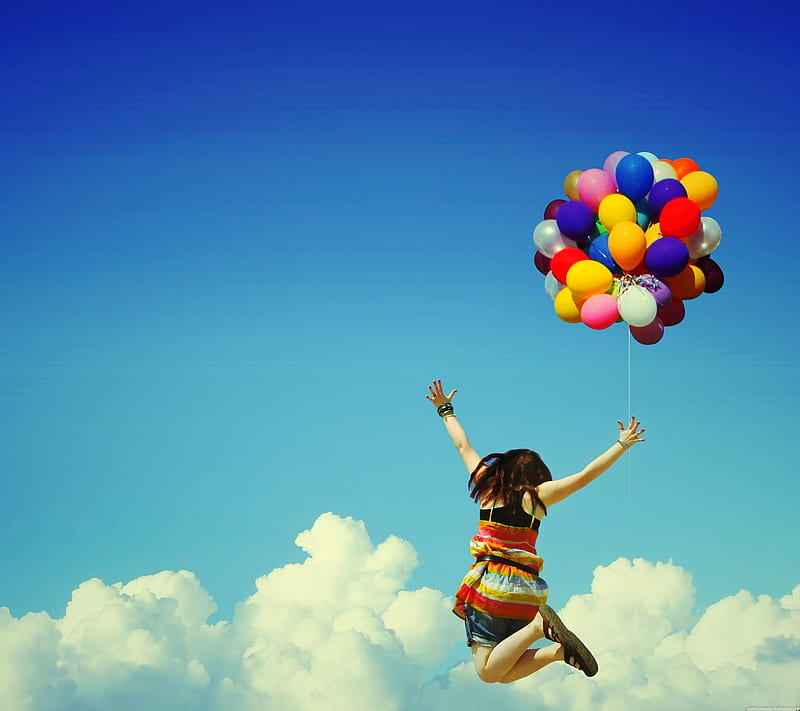Happiness, balloon, cool, cute, fly, girl jump, samsung, sky, wish, HD wallpaper