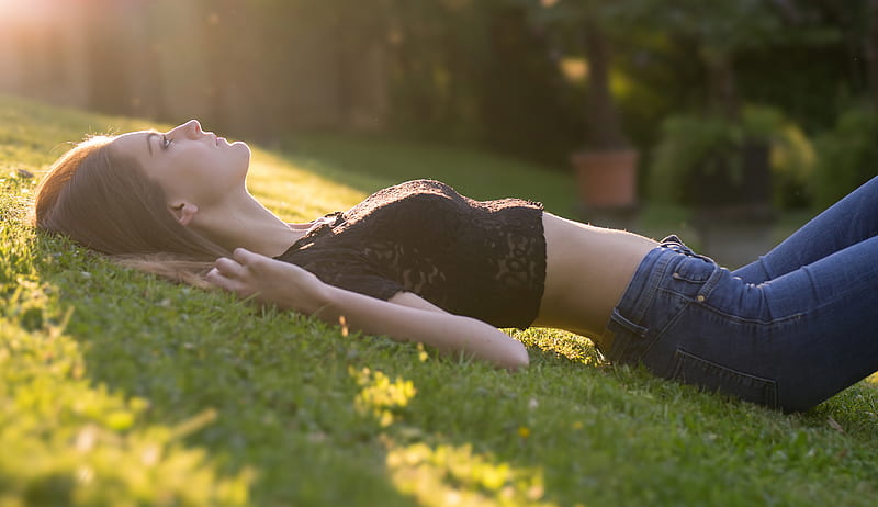 Girl Lying Down Back Grass , girls, model, HD wallpaper