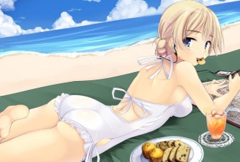 Best Laid Plans, cake, blond, hungry, eat, picnic, sea, beach, sand, lunch, anime, hot, drink, anime girl, long hair, delicious, female, cloud, food, ocean, handphone, lying, blonde, blonde hair, sky, sexy, blond hair, cute, girl, mobile, phone, eating, HD wallpaper