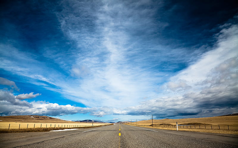 When the road met the Sky, skies, rural, fences, nature, fields, road, clouds, blue, HD wallpaper