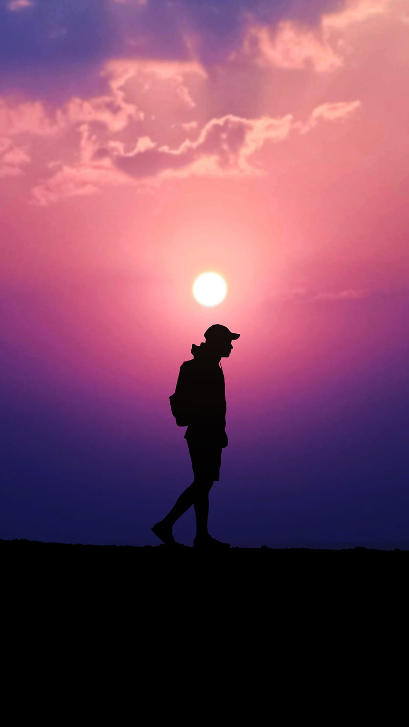 Sunset, Walk, alone, boy, silhouette, travel, HD phone wallpaper