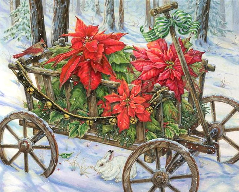 Pointsetta Wagon, red, wagon, christmas, calander, flowers, HD wallpaper