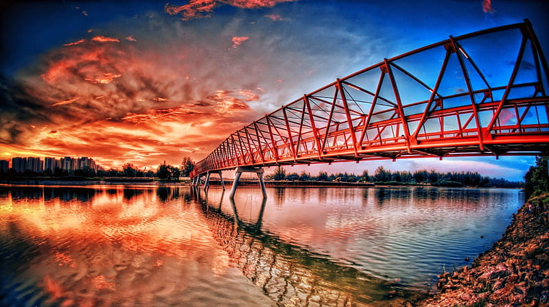 Beautiful bridge over the river, red, pretty, colorful, glow, riverbank, orange, dazzling, bonito, clouds, nice, calm, city, bridge, bright, river, reflection, lovely, town, colors, sky, summer, nature, HD wallpaper