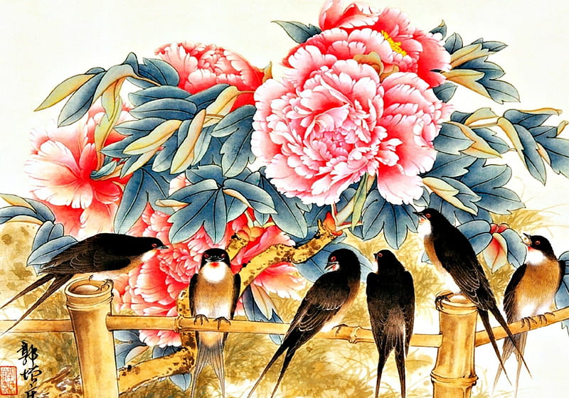 Spring, fence, art, black, swallow, peony, bird, painting, flower, chinese, white, pink, HD wallpaper