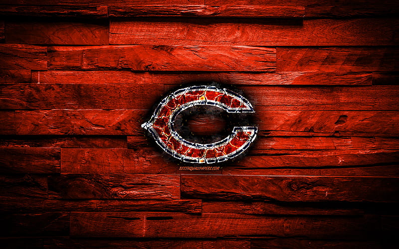 Chicago Bears scorched logo, NFL, orange wooden background, american baseball team, National Football Conference, grunge, baseball, Chicago Bears logo, fire texture, USA, NFC, HD wallpaper