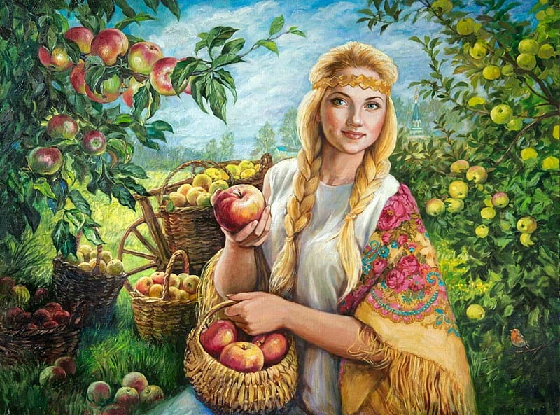 Apple Harvest, nature, tree, girl, apples, HD wallpaper