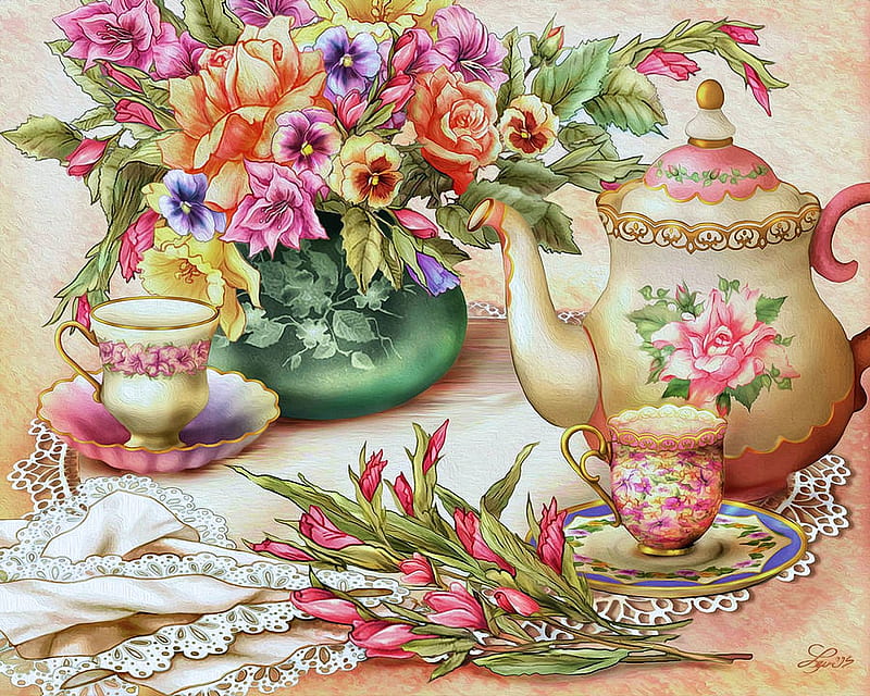 Victorian Tea, blossoms, flowers, teacups, can, painting, HD wallpaper