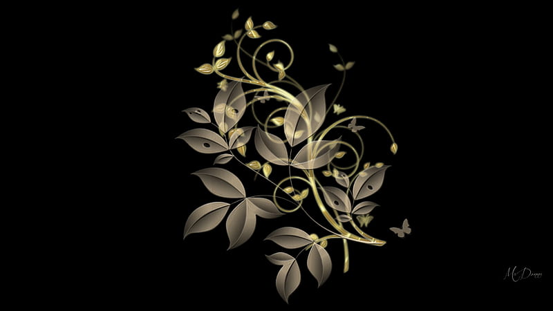 Gold on Black, luxury, floral, leaves, gold, filigree, flowers, fancy, HD wallpaper
