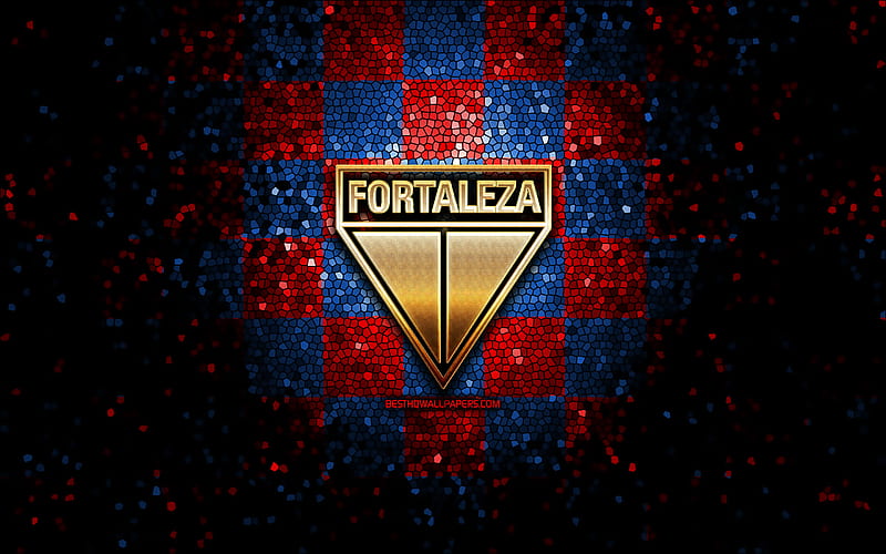 Fortaleza FC, glitter logo, Serie A, blue red checkered background, soccer, Fortaleza EC, brazilian football club, Fortaleza logo, mosaic art, football, Brazil, HD wallpaper