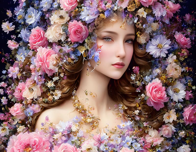 A Pretty Girl Surrounded By Flowers Girl Flowers Art Roses Soft