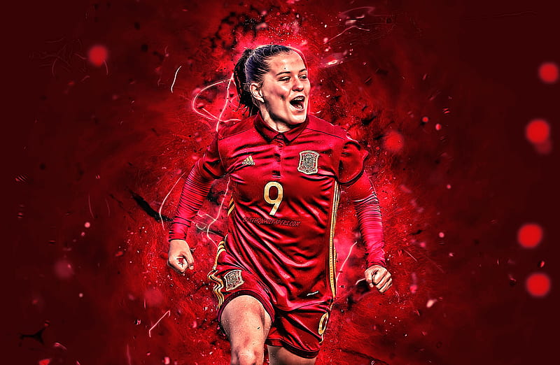Claudia Pina, goal, Spain National Team, fan art, soccer, Claudia Pina Medina, footballers, neon lights, Spanish football team, female football, HD wallpaper