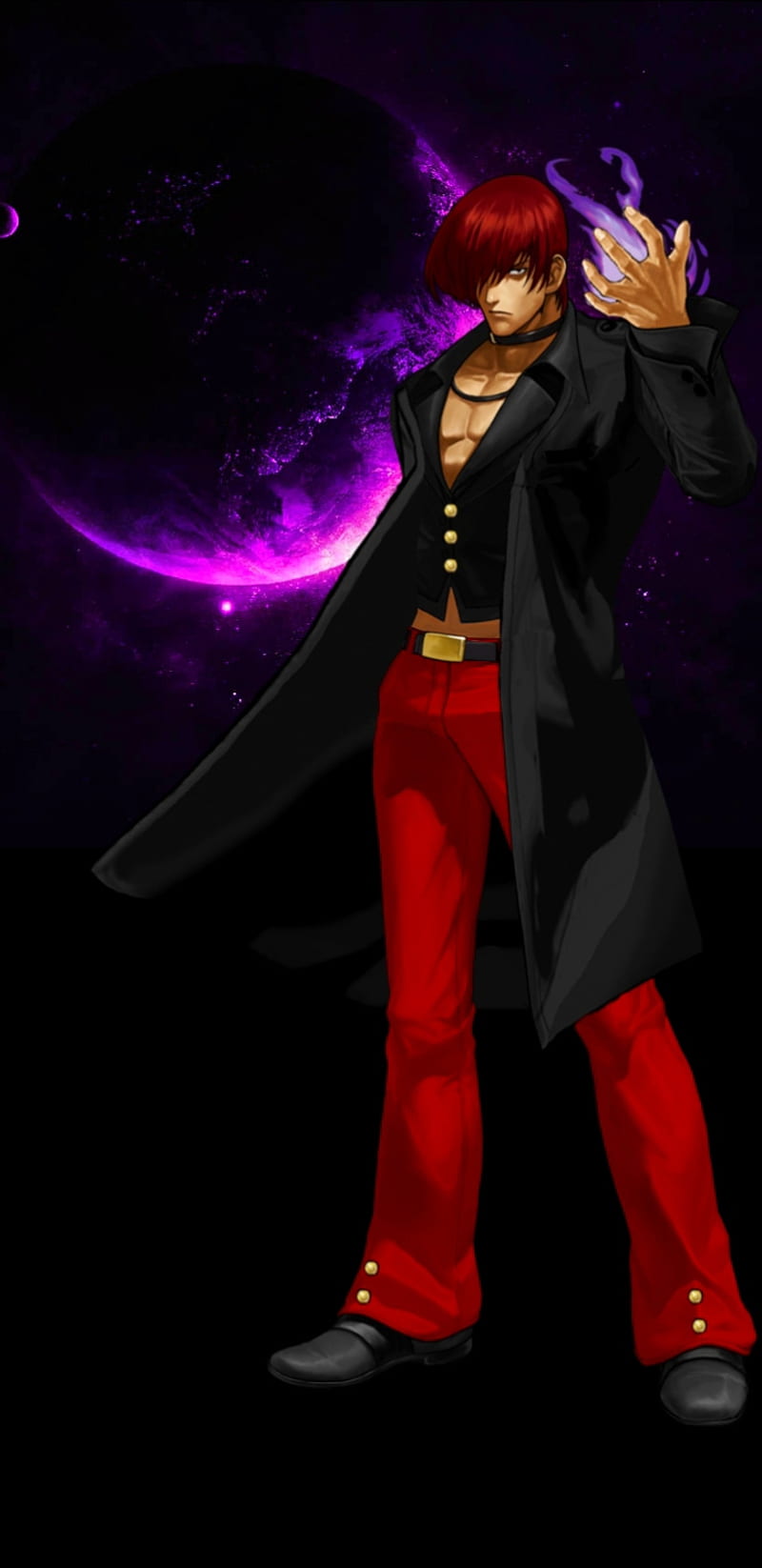 Iori yagami flame, kyo, amoled, moon, kof, king of fighters, dark, fire, purple, galaxy, HD phone wallpaper